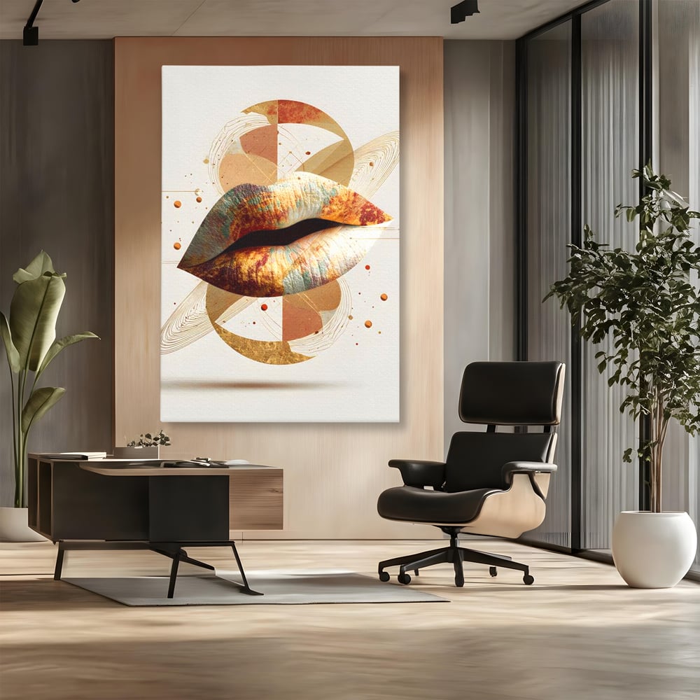 Tablou canvas cu tablou canvas cu buze aurii si forme geometrice, fara rama, pe sasiu de lemn, pe perete intr-un birou